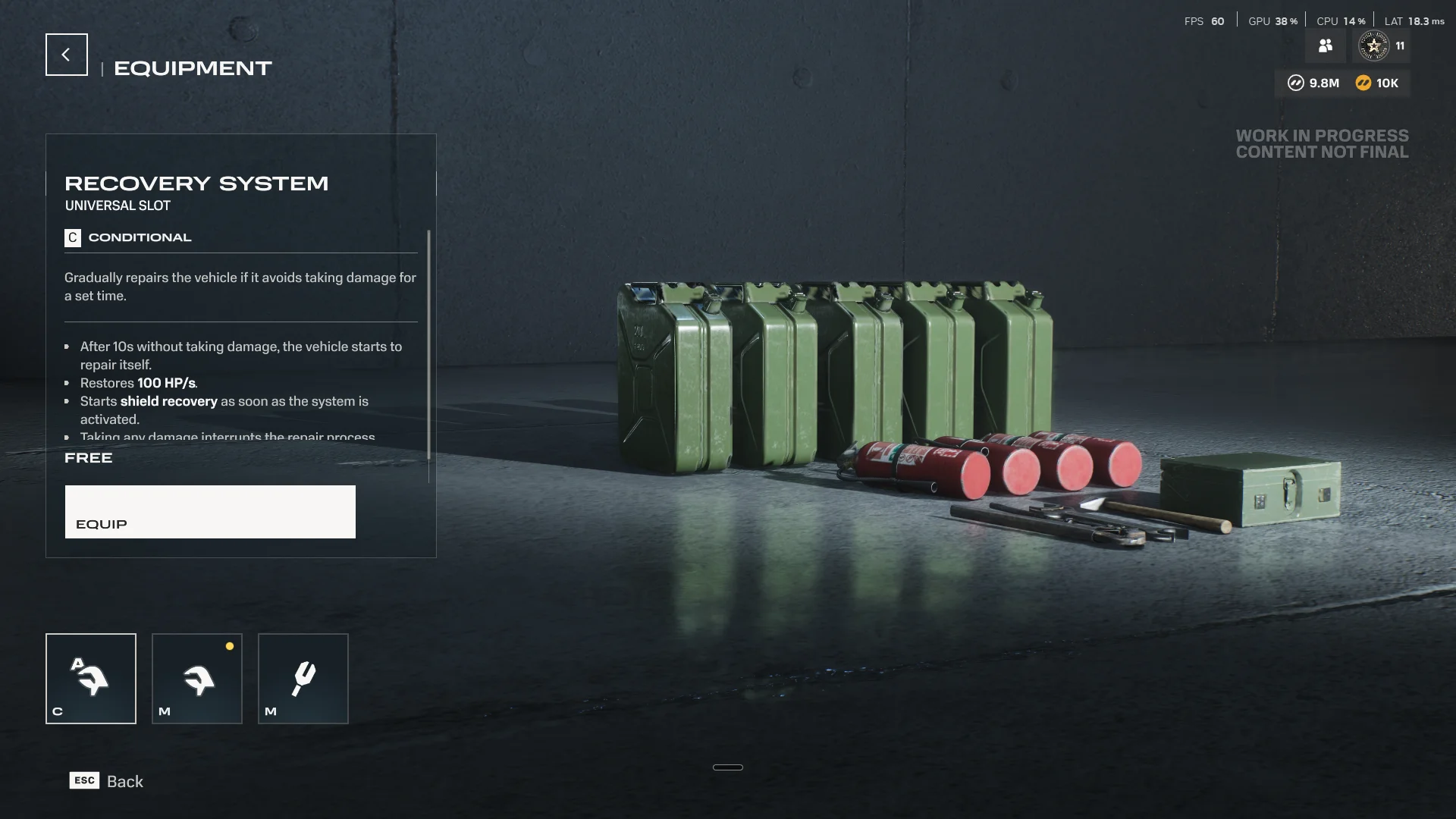 Equipment selection screen showing Recovery System